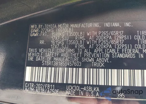 2005 Toyota Tundra Limited V8 z USA, uszkodzony, nr VIN 5TBRT38185S457603